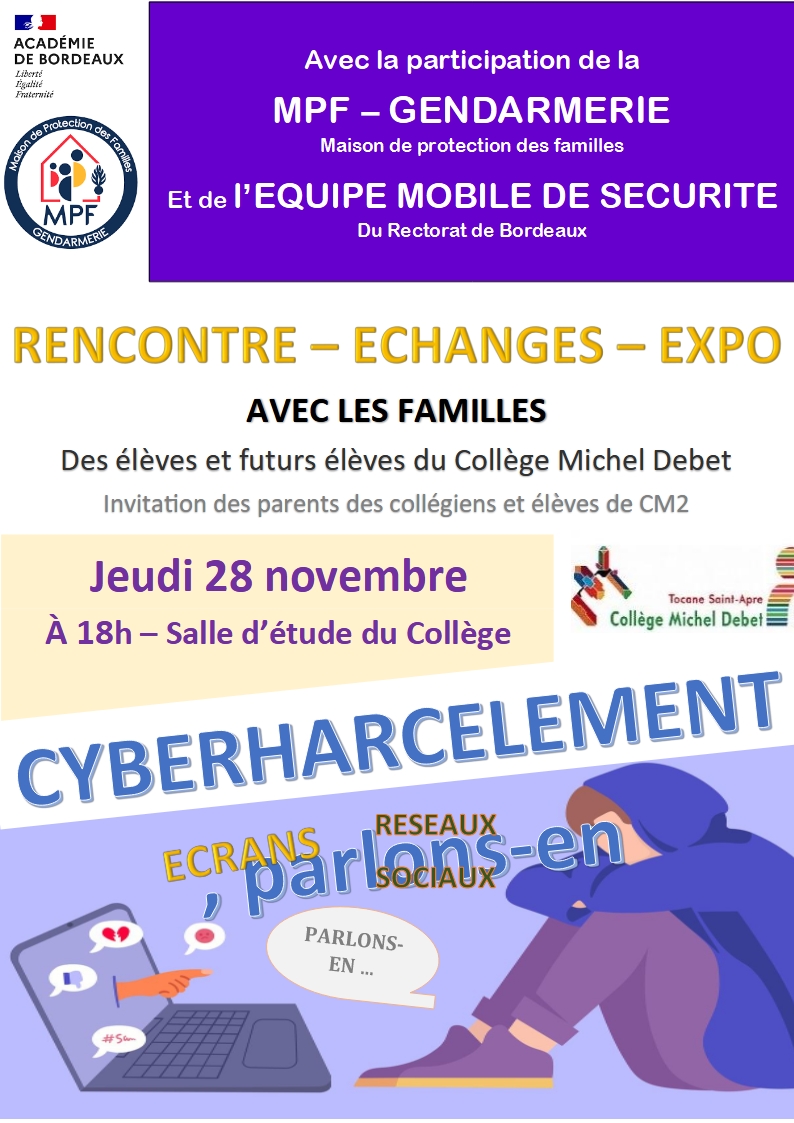 affiche cyber harcelement reunion parents college et CM2